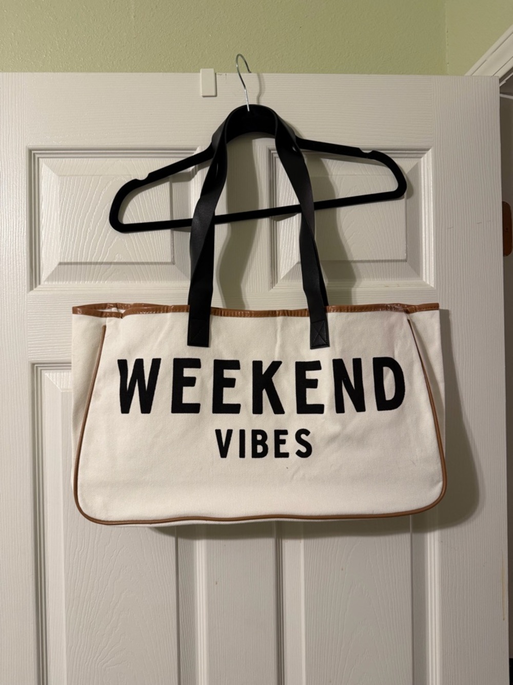 Weekend Vibes Canvas Tote Bag in Cream with Black Text